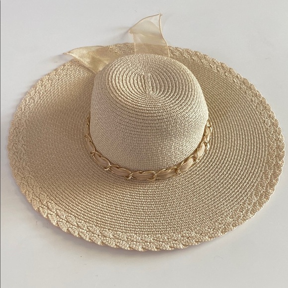 Elegant Cream Sun Hat with Gold Chain Accent and rhinestone bow - Picture 1 of 4